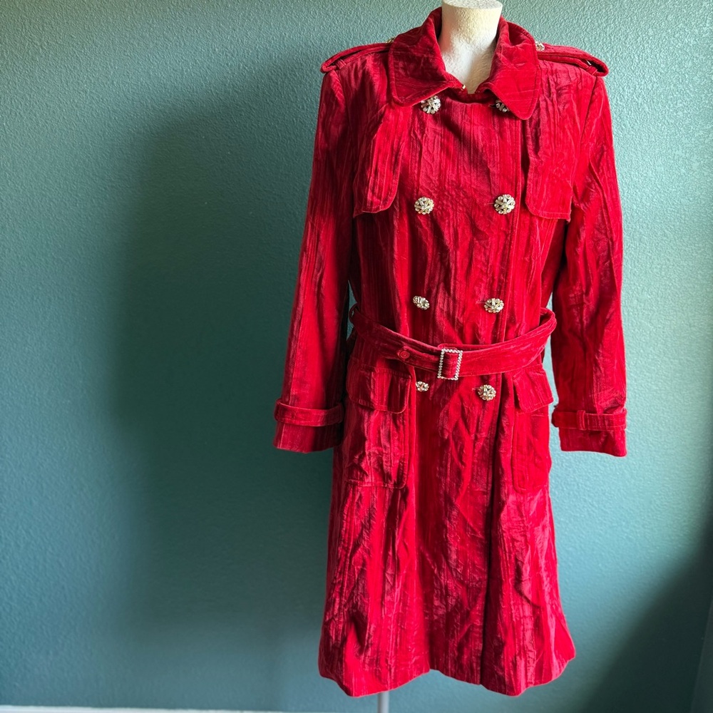 Red Velvet Escada Trench Coat Festive Luxury With Crystal Snowflakes Buttons